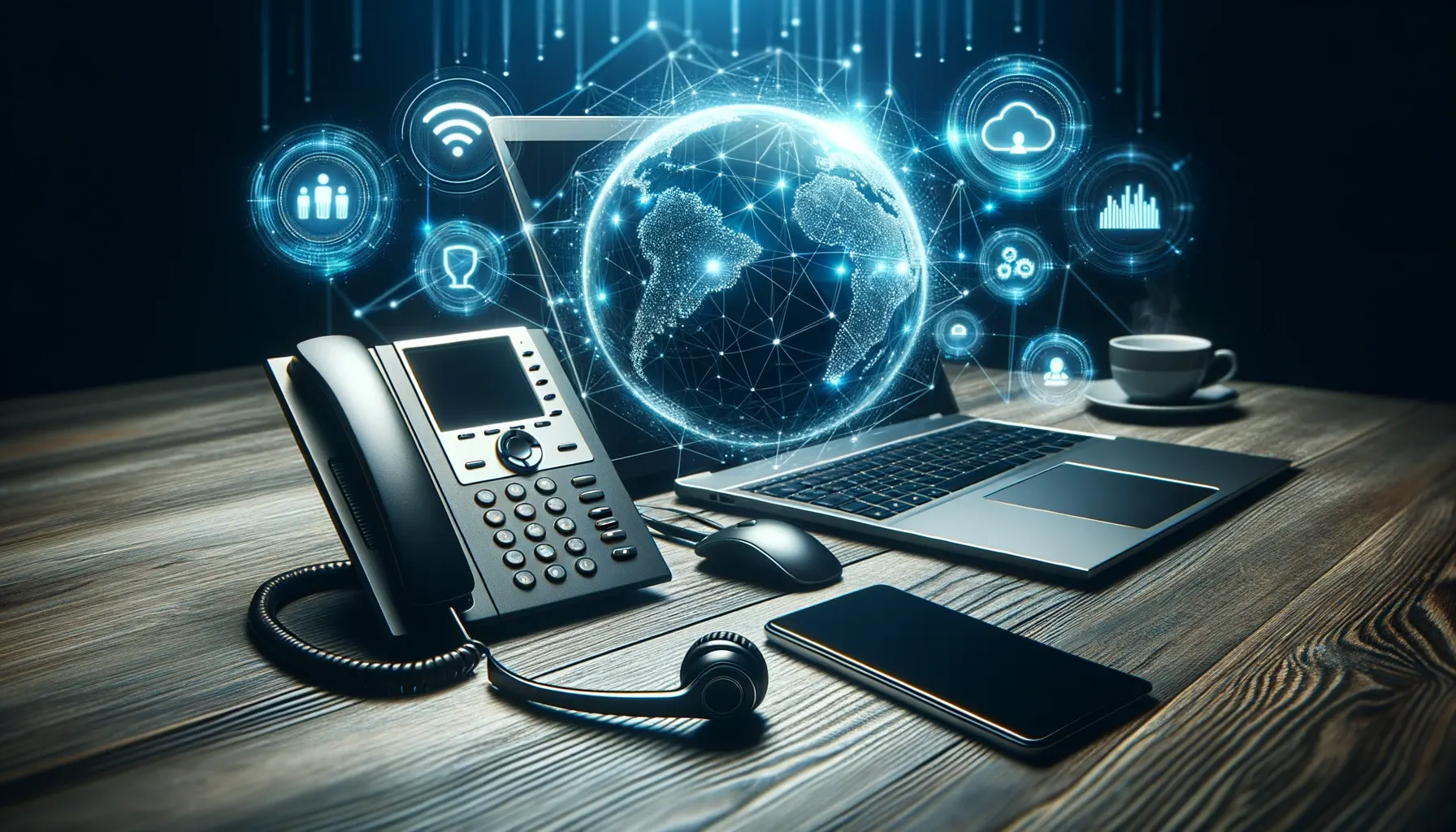 VoIP desk phone, headset, and laptop on an office desk